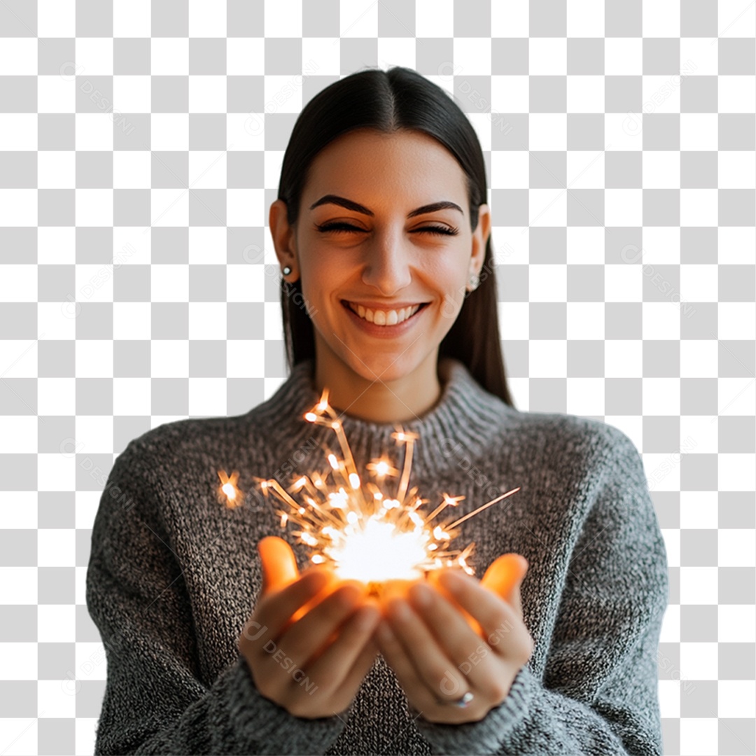 Mulher Sorrindo com Fogos PNG Transparente