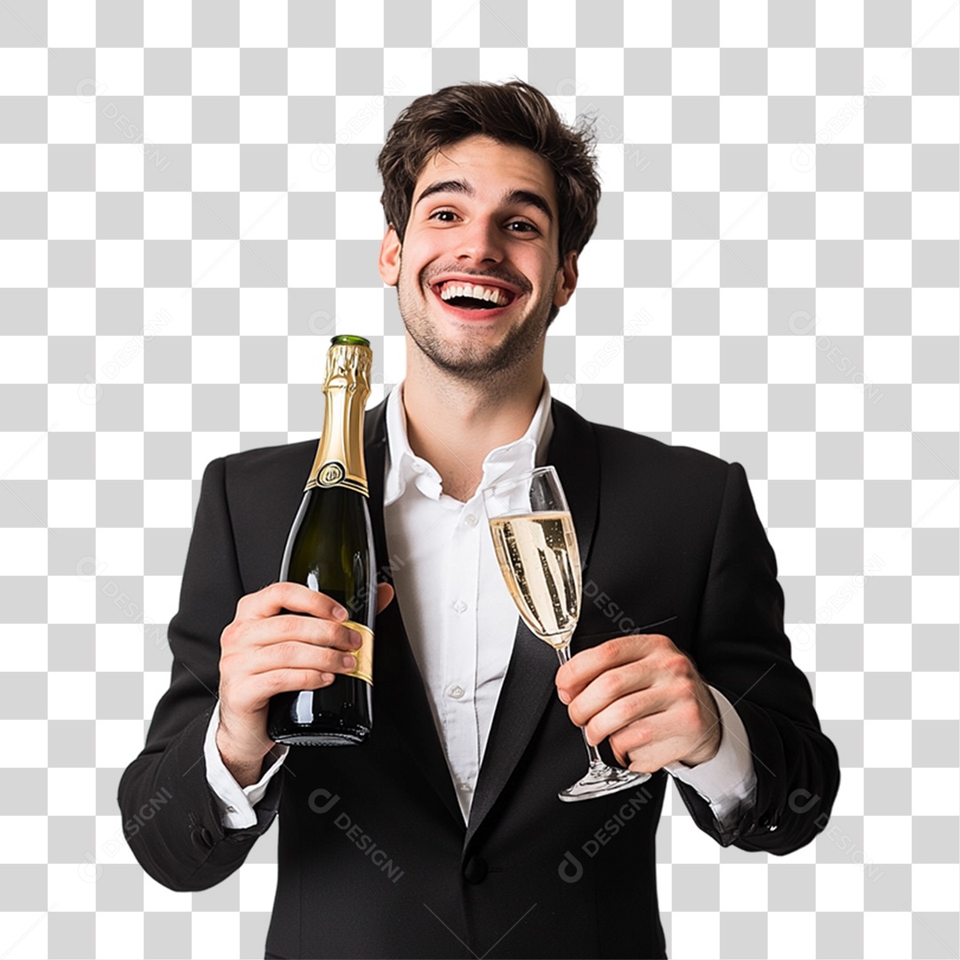 Homem com Champanhe nas Mãos PNG Transparente