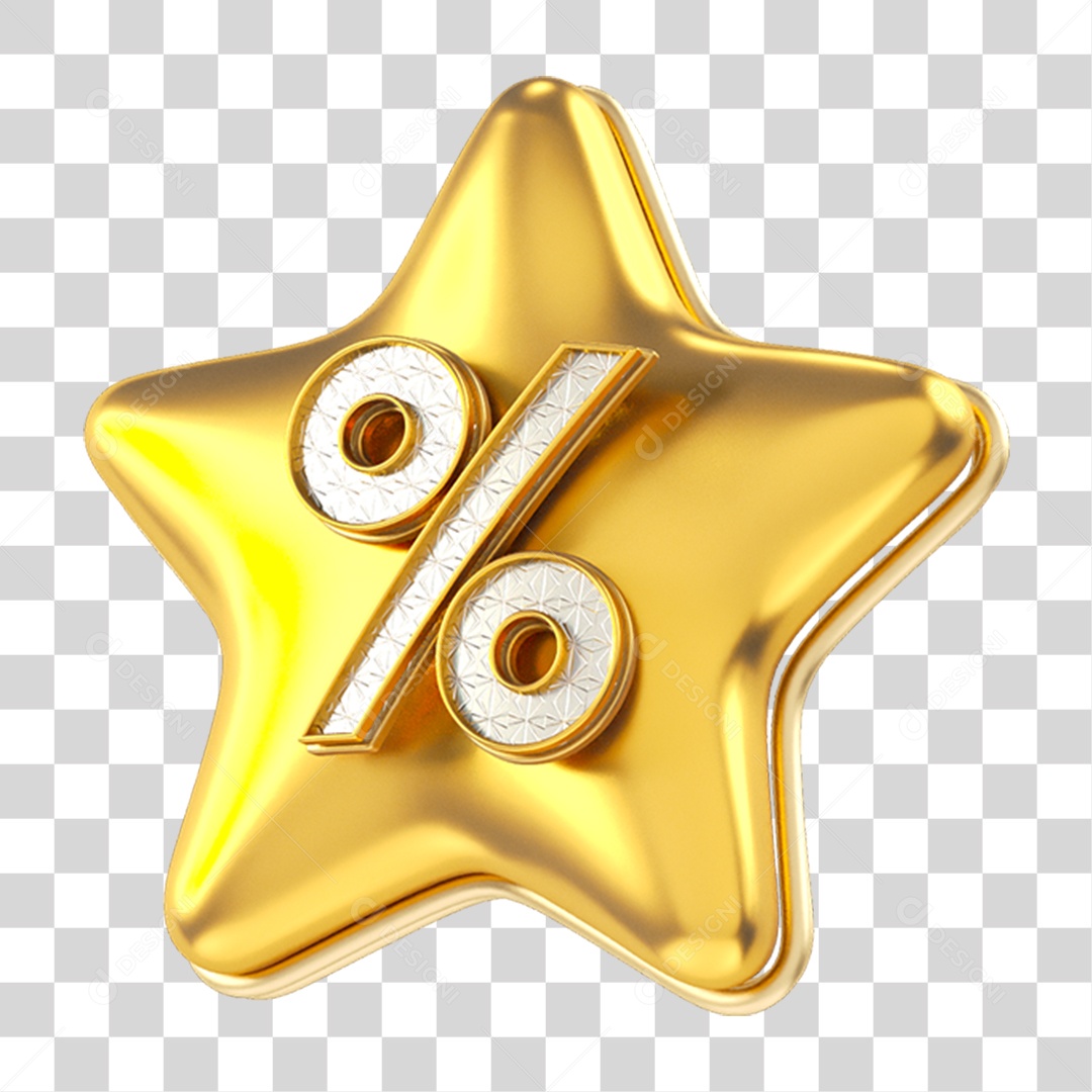 Elemento 3D Estrela com Símbolo de % Porcentagem PNG Transparente