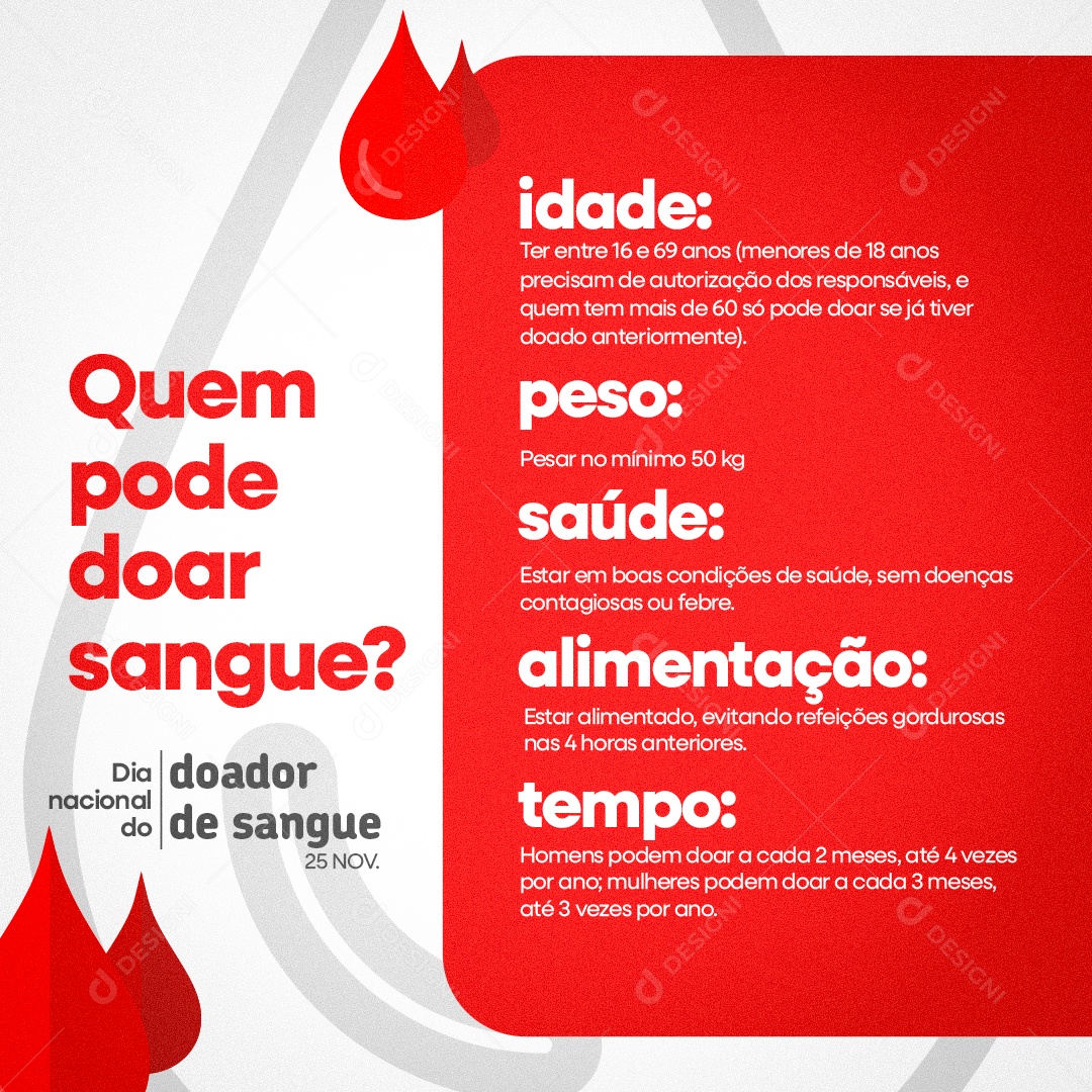 Dia Nacional do Doador de Sangue 25 de Novembro Quem Pode Doar Social Media PSD Editável