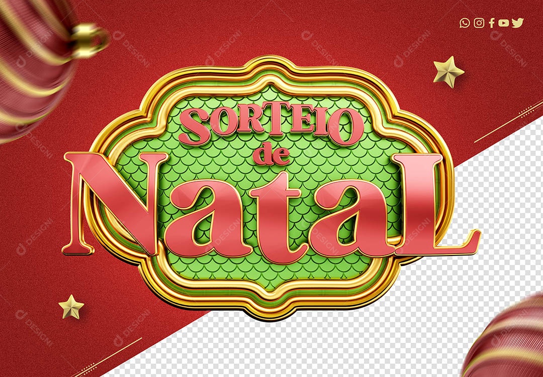 Selo 3D Sorteio de Natal Verde Dourado e Vermelho para Composição PSD
