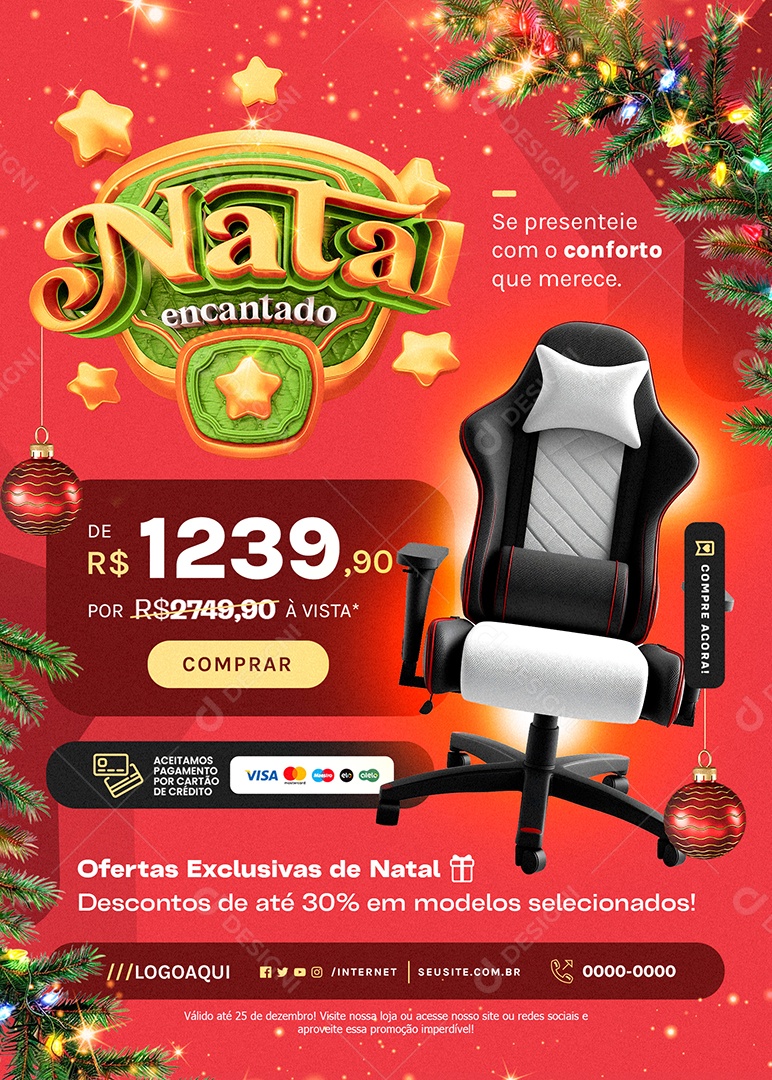 Flyer Natalino Natal Encantado Loja de Eletrônicos Cadeira Gamer Social Media PSD Editável