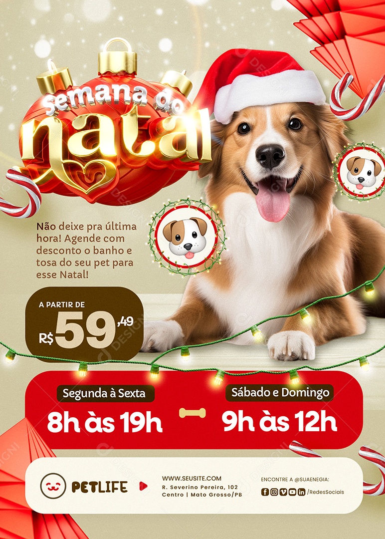 Flyer Natalino Petshop Semana do Natal Banho e Tosa Social Media PSD Editável
