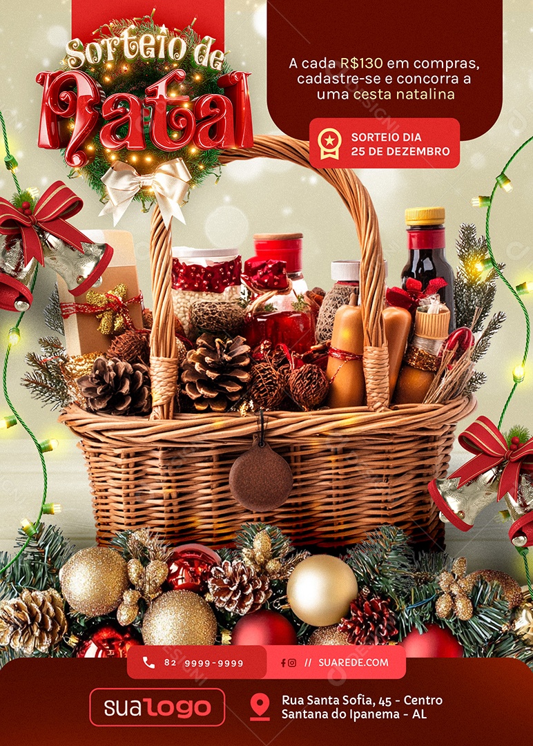 Flyer Natalino Sorteio de Natal Cesta Natalina Social Media PSD Editável