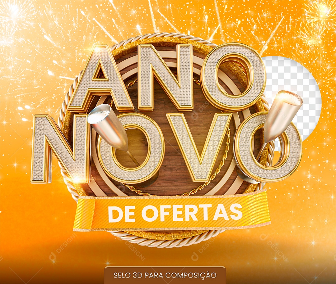 Selo 3D Ano Novo de Ofertas para Composição PSD