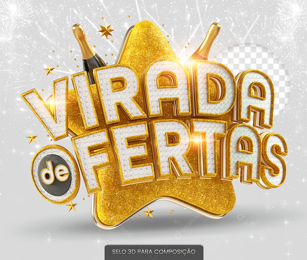 Virada de Ofertas Selo 3D Dourado e Branco para Composição PSD