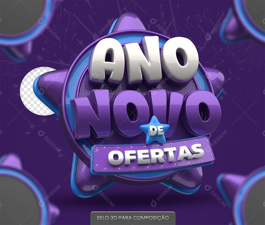 Selo 3D Ano Novo de Ofertas Roxo para Composição PSD