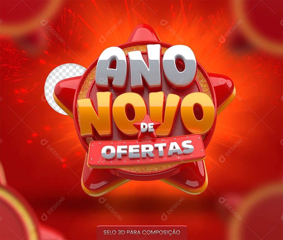 Selo 3D Ano Novo de Ofertas Vermelho para Composição PSD