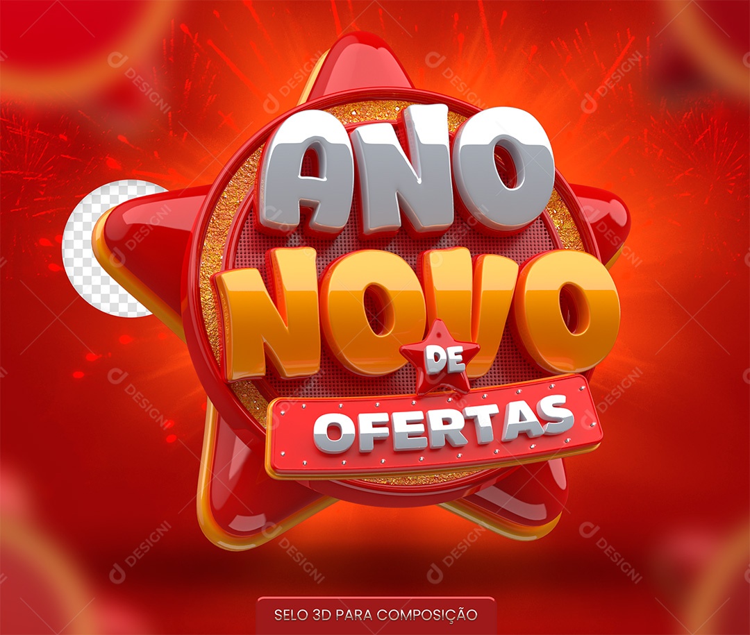 Ano Novo de Ofertas Selo 3D Vermelho para Composição PSD