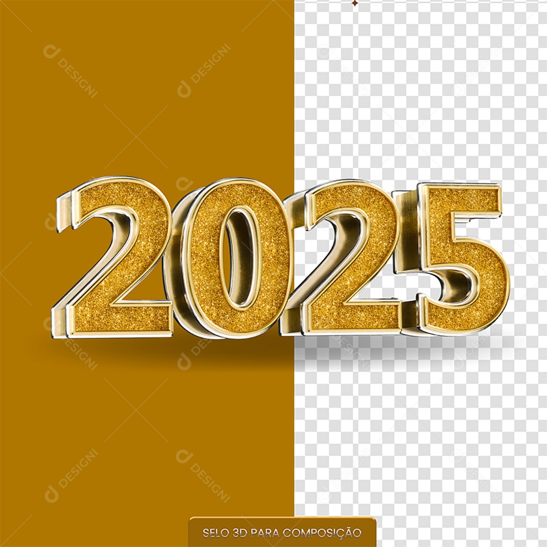 Número 2025 Elemento 3D Dourado de Ano Novo para Composição PSD