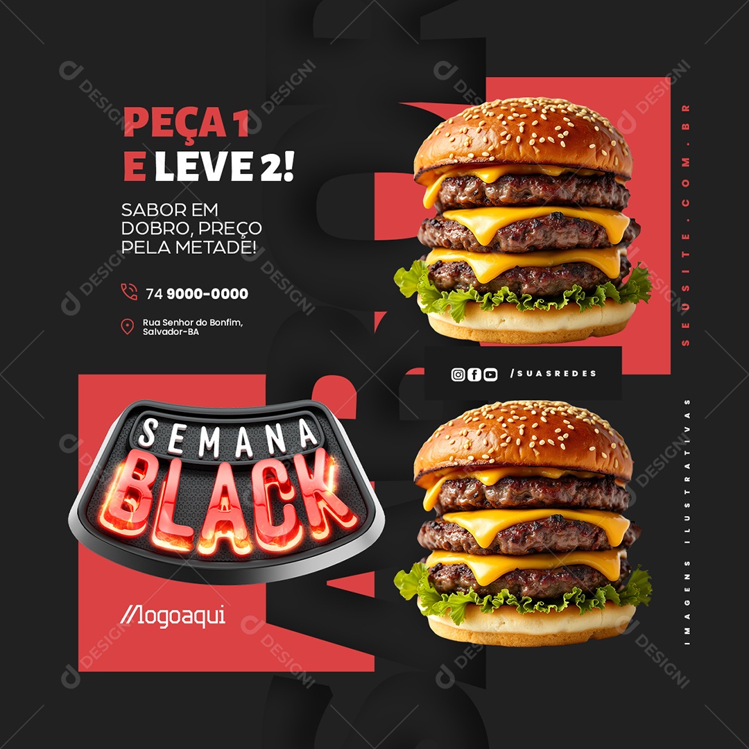 Semana Black Hamburgueria Peça Um Leve Dois Social Media PSD Editável