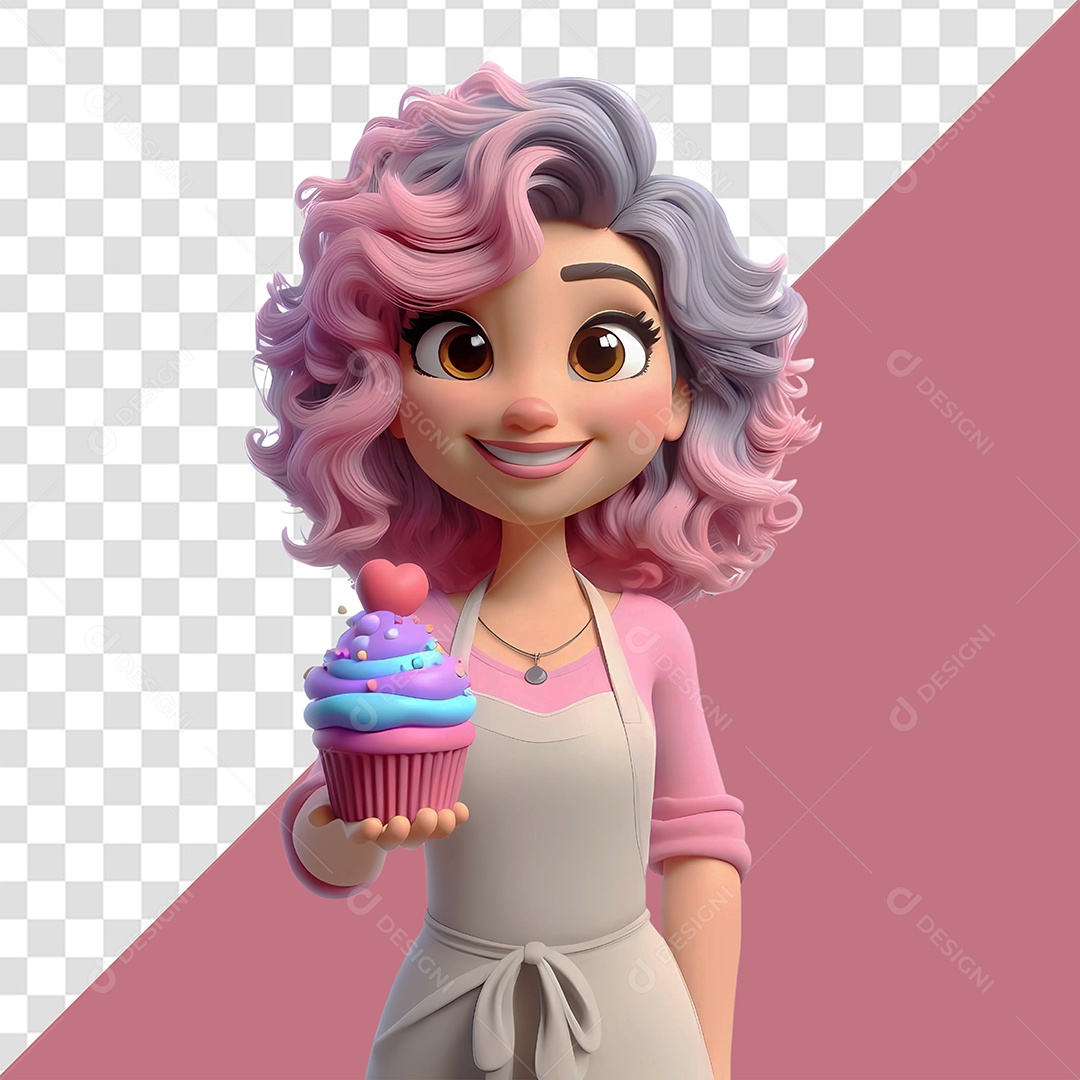 Personagem Mulher Sorridente Segurando Cupcake para Composição PSD