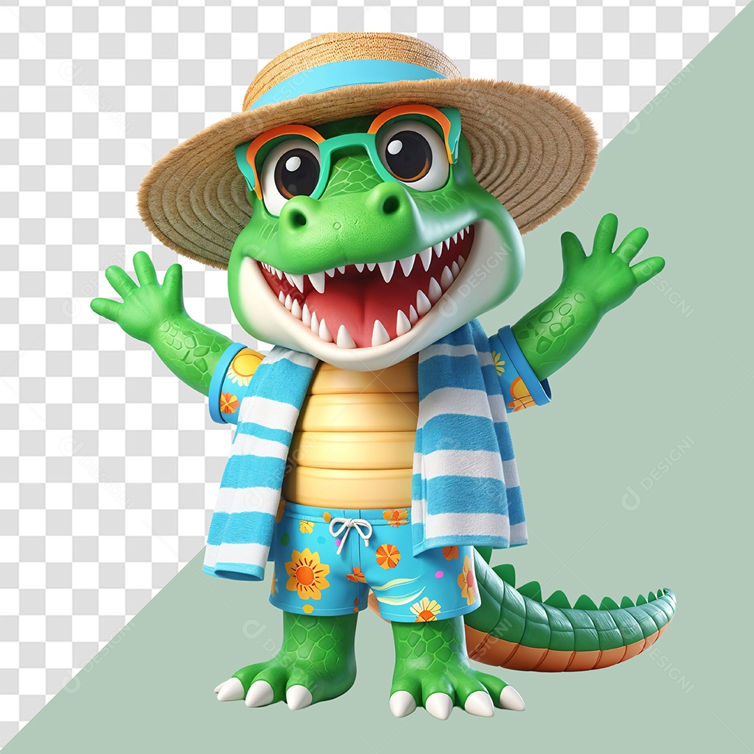 Personagem Jacaré Feliz Estilo de Praia para Composição PSD