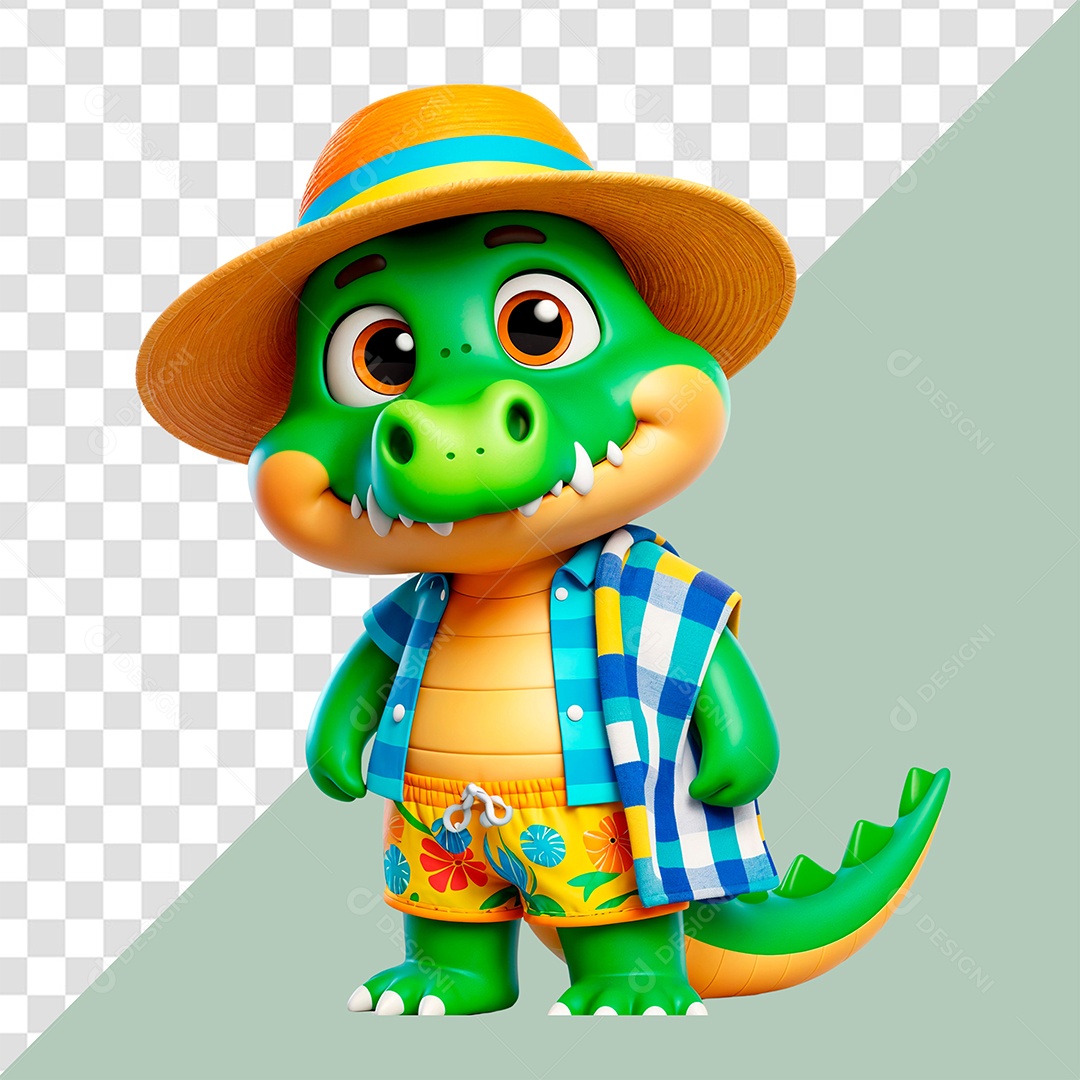 Personagem Jacaré Feliz Estilo de Praia para Composição PSD