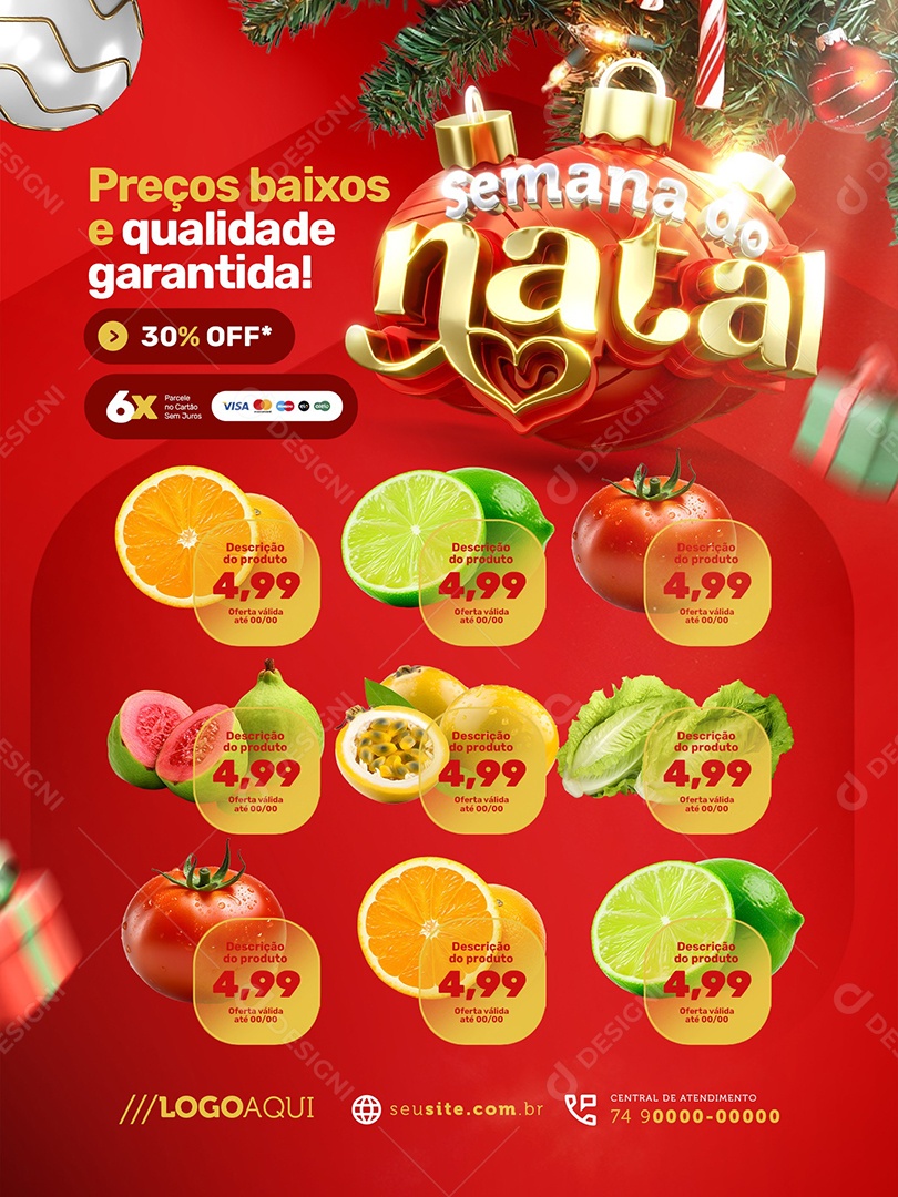 Encarte Natalino Semana do Natal Hortifruti Supermercado Social Media PSD Editável