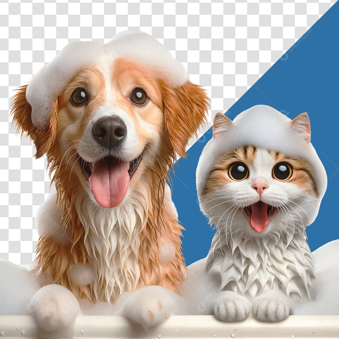 Gato e Cachorro Cheios de Sabão Elemento 3D para Composição PSD