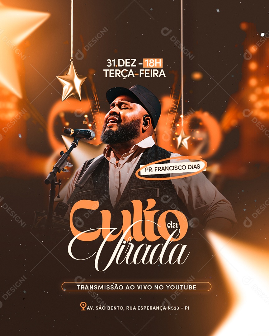 Flyer Gospel Ano Novo Culto da Virada Social Media PSD Editável