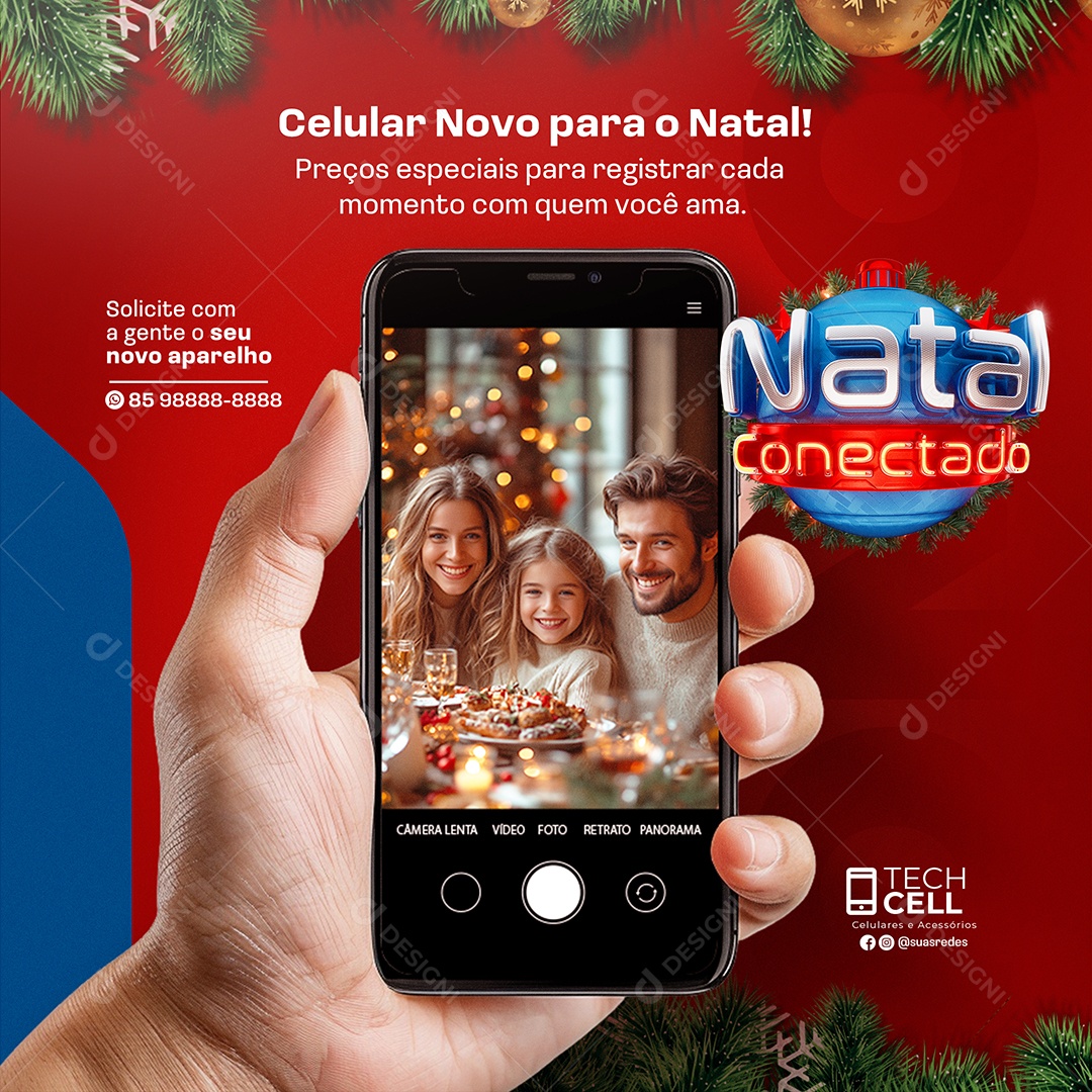 Natal Conectado Loja de Eletrônicos Celular Novo para o Natal Social Media PSD Editável