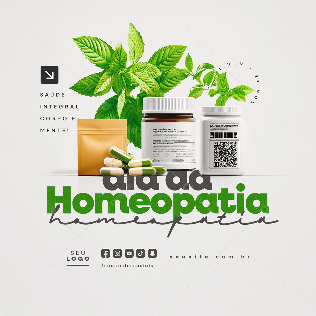 Feliz Dia da Homeopatia 21 de Novembro Saúde Integral Social Media PSD Editável