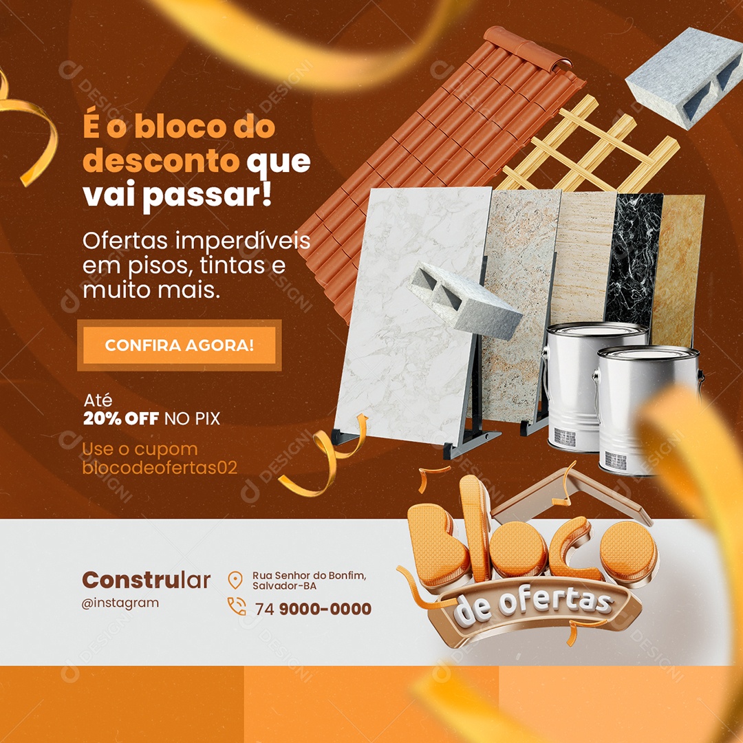 Bloco de Ofertas Construção Pisos Telhas e Latas de Tintas Social Media PSD Editável