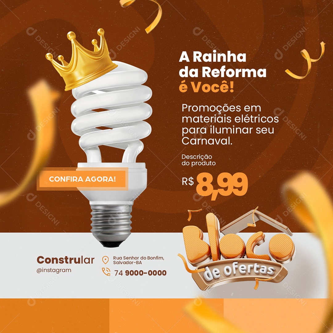 Bloco de Ofertas Construção Lâmpada Social Media PSD Editável