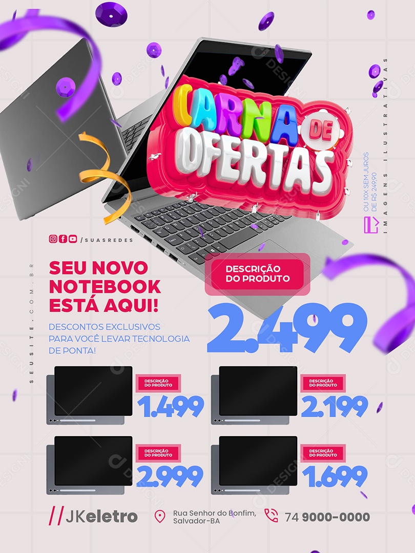 Carna de Ofertas Loja de Eletrônicos Encarte Seu Novo Notebook Social Media PSD Editável