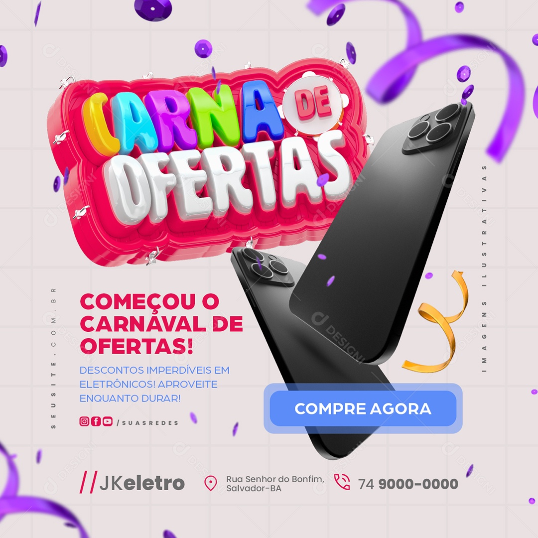 Carna de Ofertas Loja de Eletrônicos Celular Começou o Carnaval Social Media PSD Editável