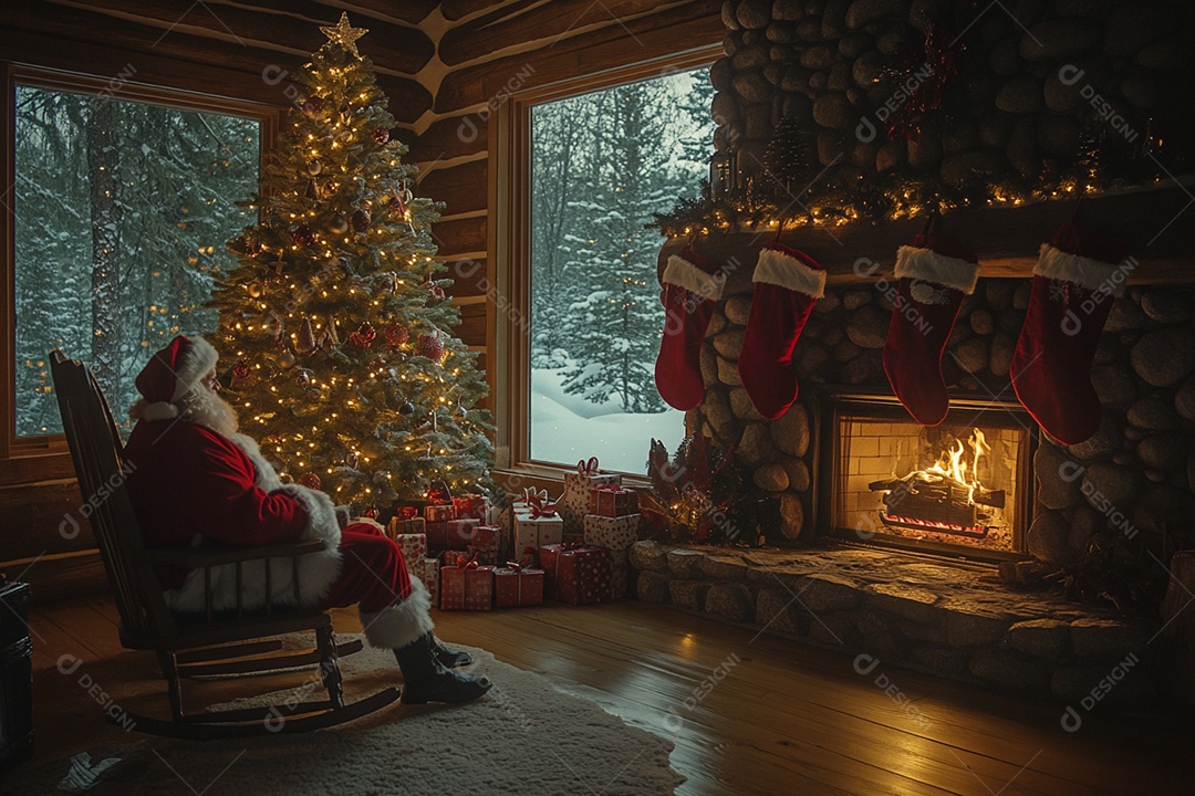 Papai noel sentado olhando lareira