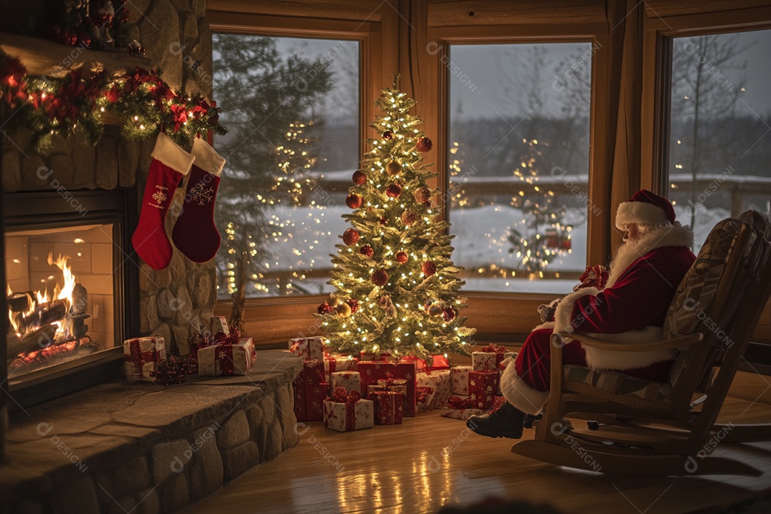 Papai noel sentando numa sala decorada para o natal