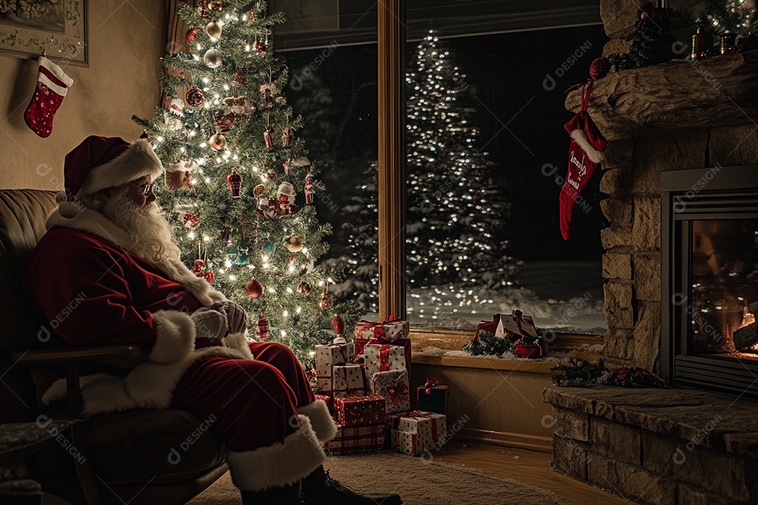 Papai noel sentado com decoração de natal enfrente a uma lareira
