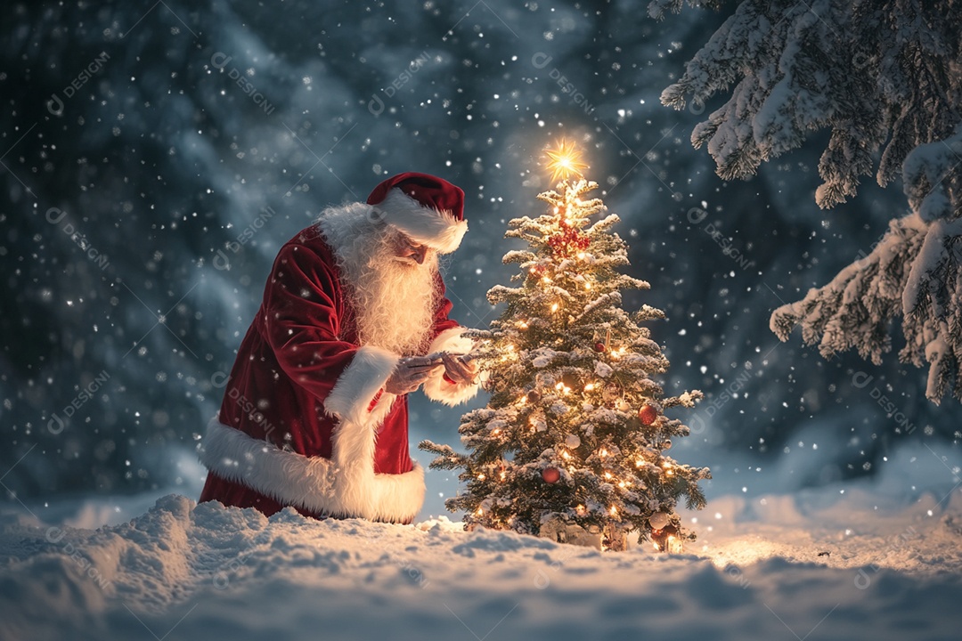 Papai noel colocando presentes na árvore de natal