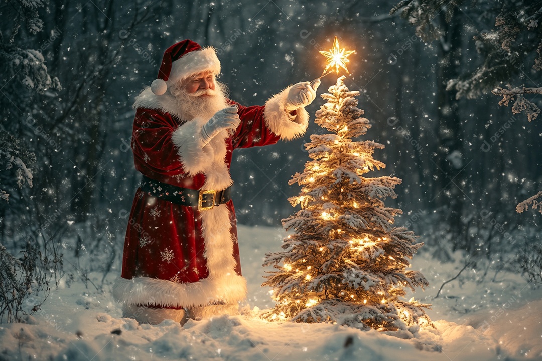 Papai noel colocando enfeite na árvore de natal