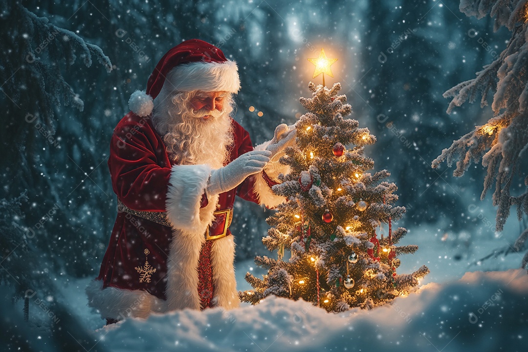 Papai noel decorando árvore de natal