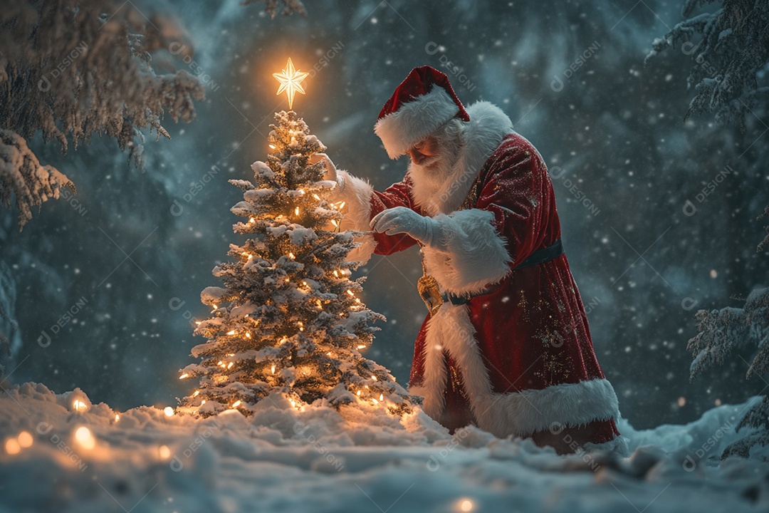 Papai noel colocando estrela na árvore de natal