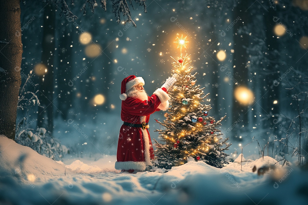 Papai noel colocando decoração na árvore de natal