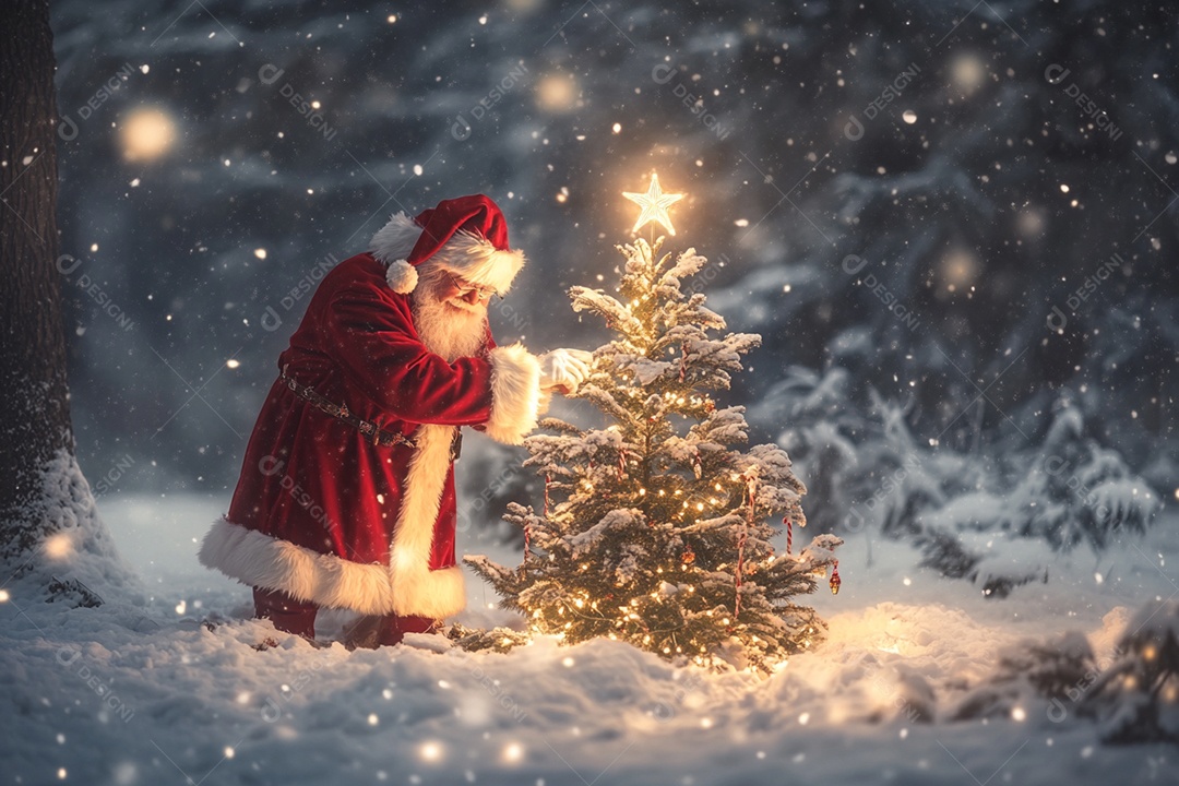 Papai noel colocando decoração na árvore de natal