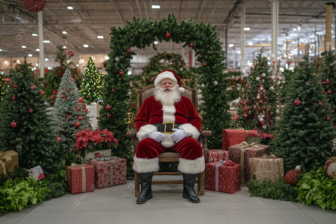 Papai noel sentado com decoração natalina e muitos presentes