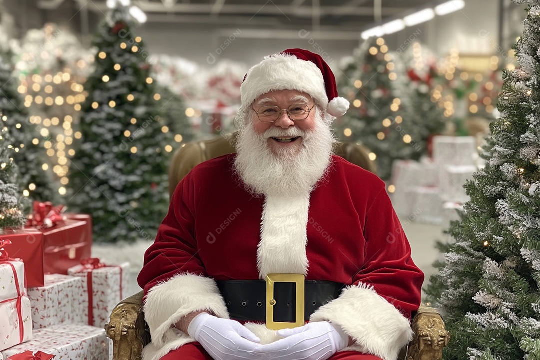 Papai noel sentado com muitas árvores decoradas para o natal