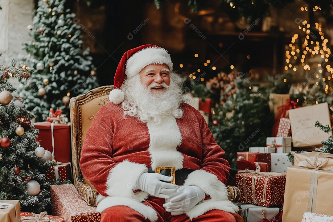 Sala decorada com árvore de natal e papai noel sentado ao lado com presentes