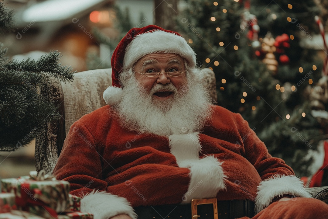 Papai noel feliz usando óculos sentado na poltrona enfrente a árvore de natal
