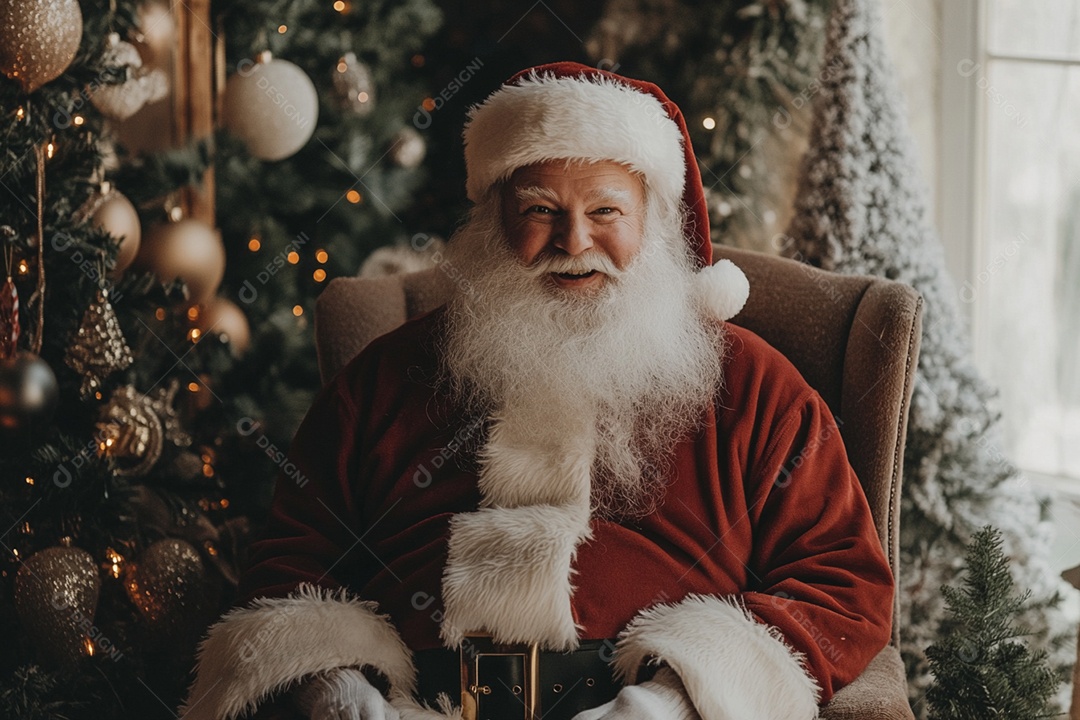 Papai noel sentado em uma poltrona ao lado de árvores decoradas