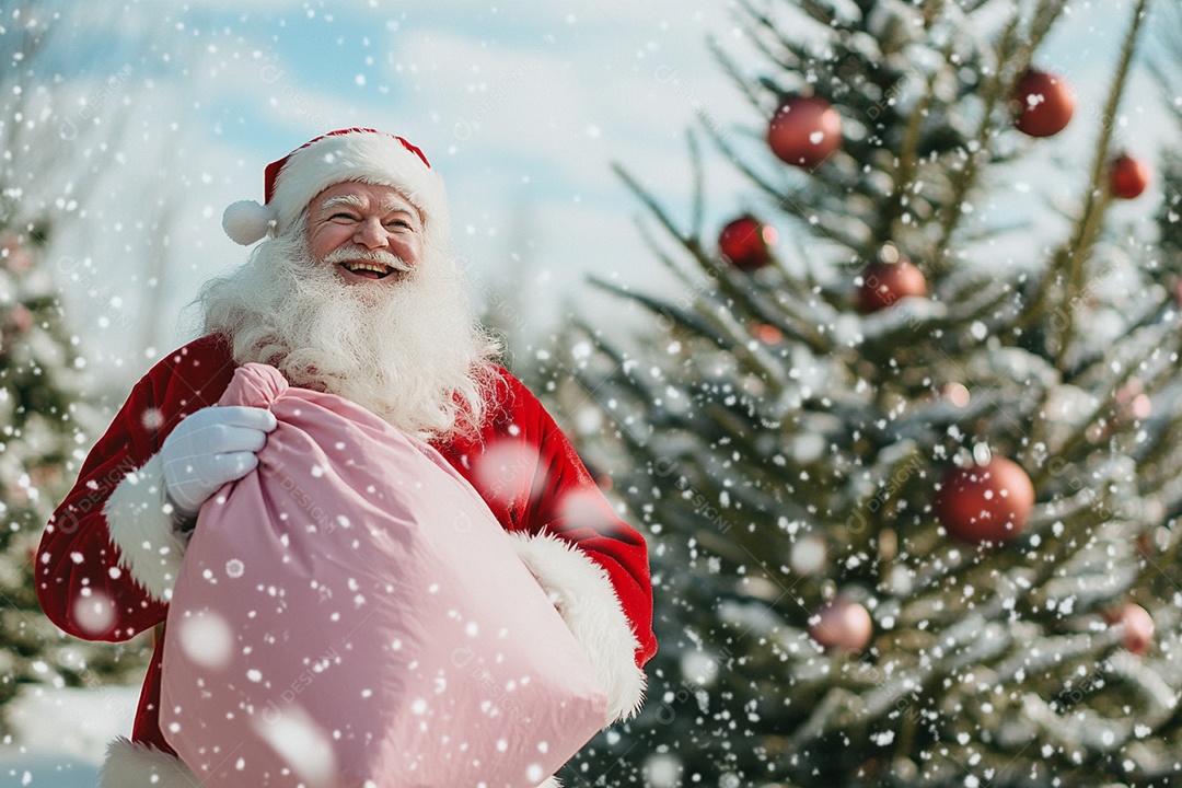 Papai noel com saco de presente ao lado de árvores decoradas