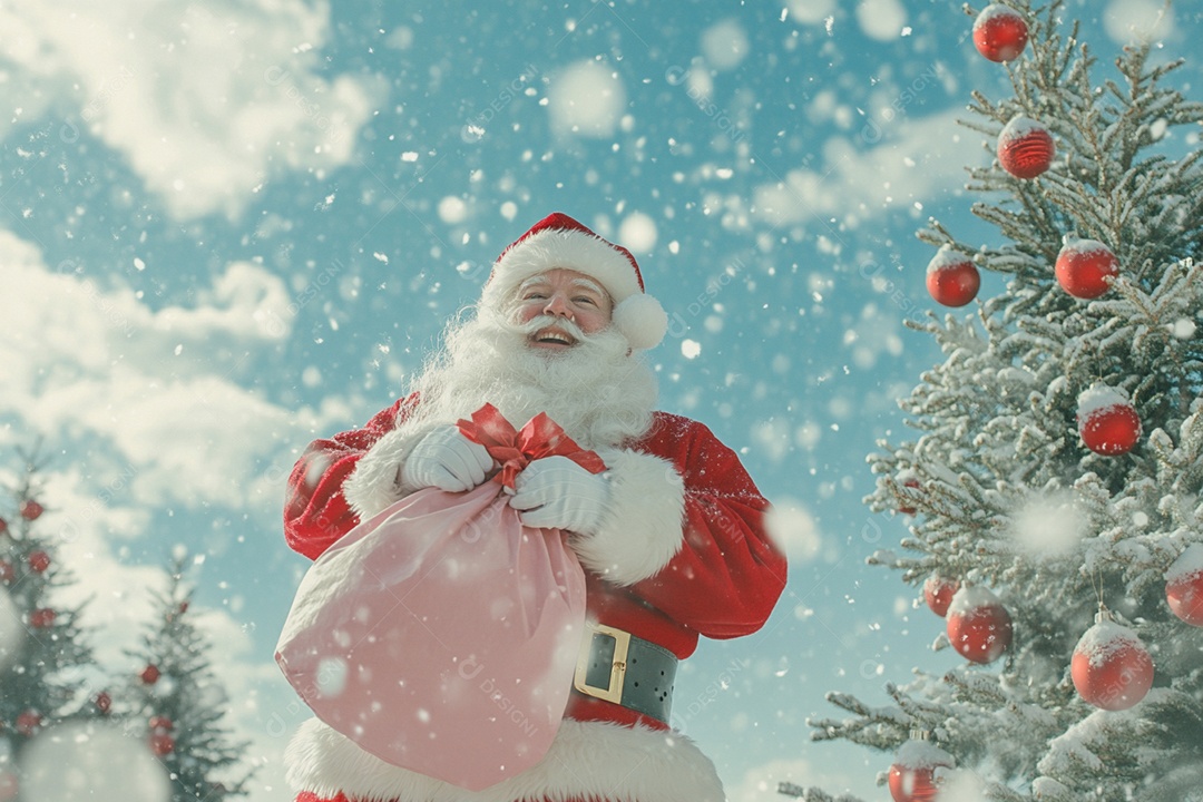 Papai noel com saco de presentes e árvore decorada ao lado