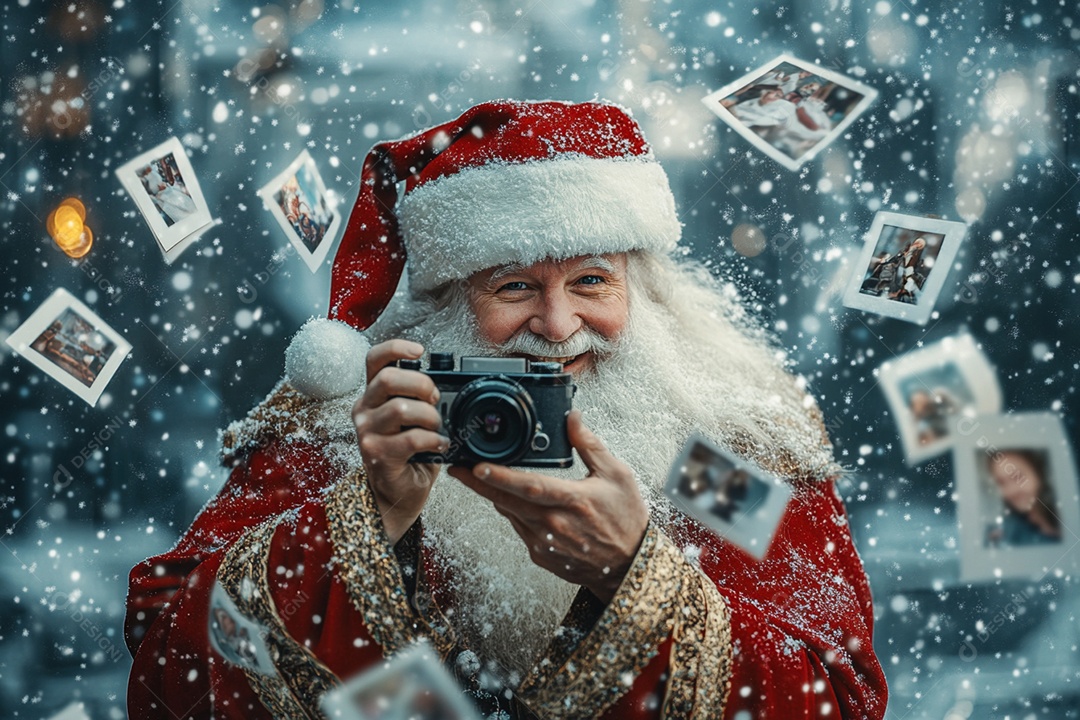 Papai noel com camera de fotográfia na neve