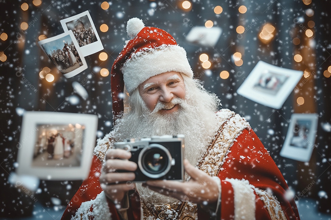 Papai noel com camera fotografando bem feliz ao ar livre