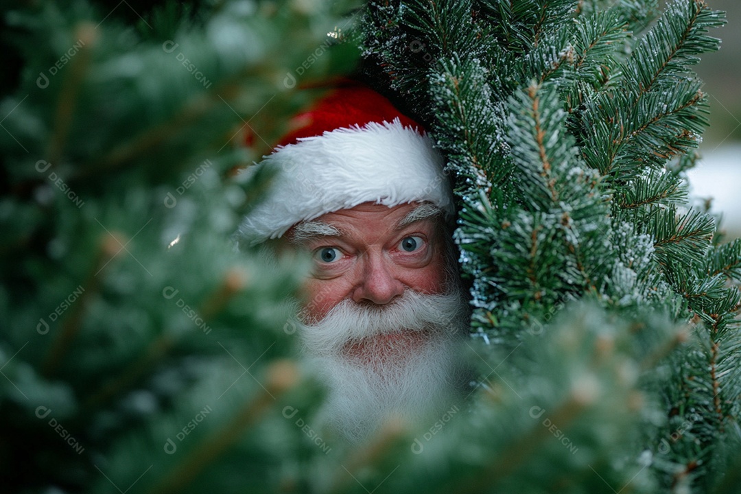 Papai noel no meio dos galhos de pinheiro