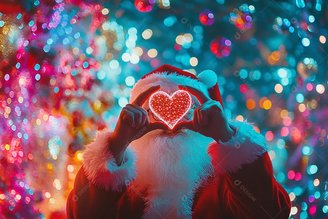 Papai noel segurando coração com fundo de luzes coloridas