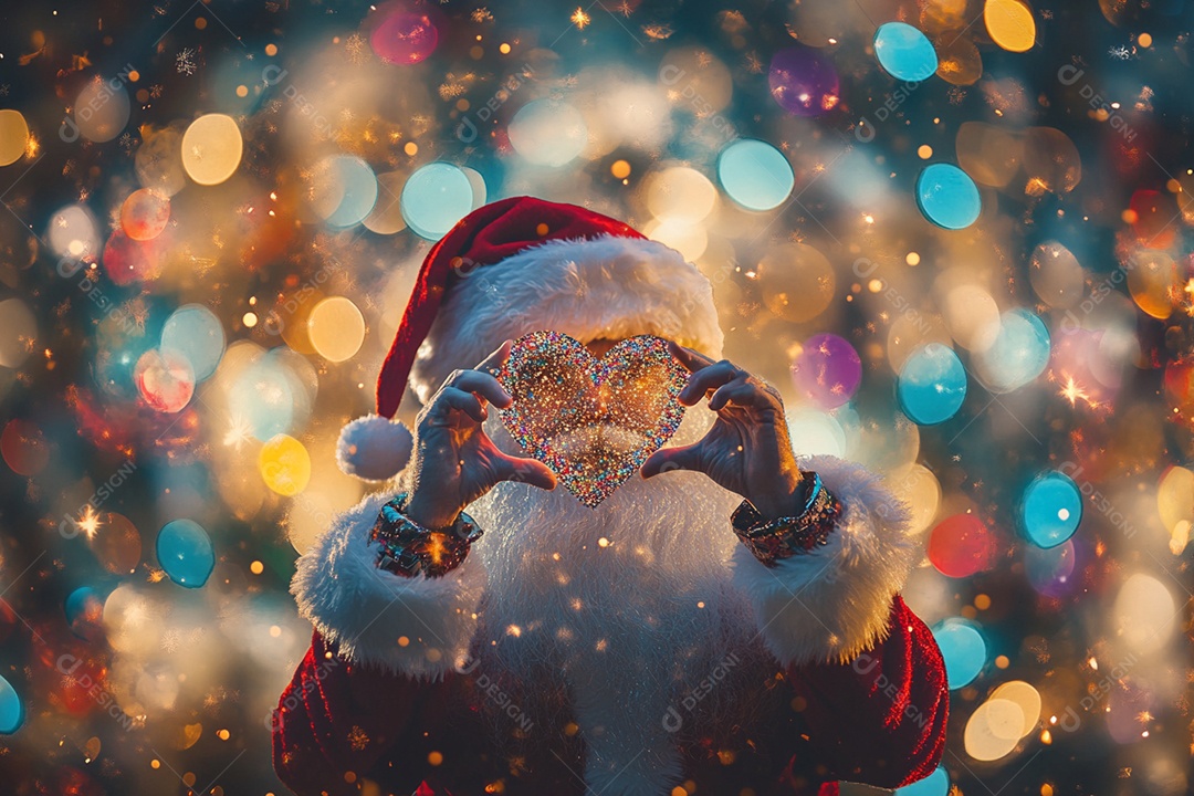 Papai noel segurando um coração com fundo de luzes coloridas