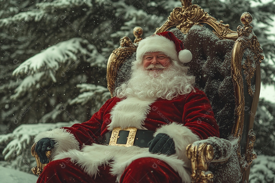 Papai noel sentando em uma poltrona ao ar livre na neve