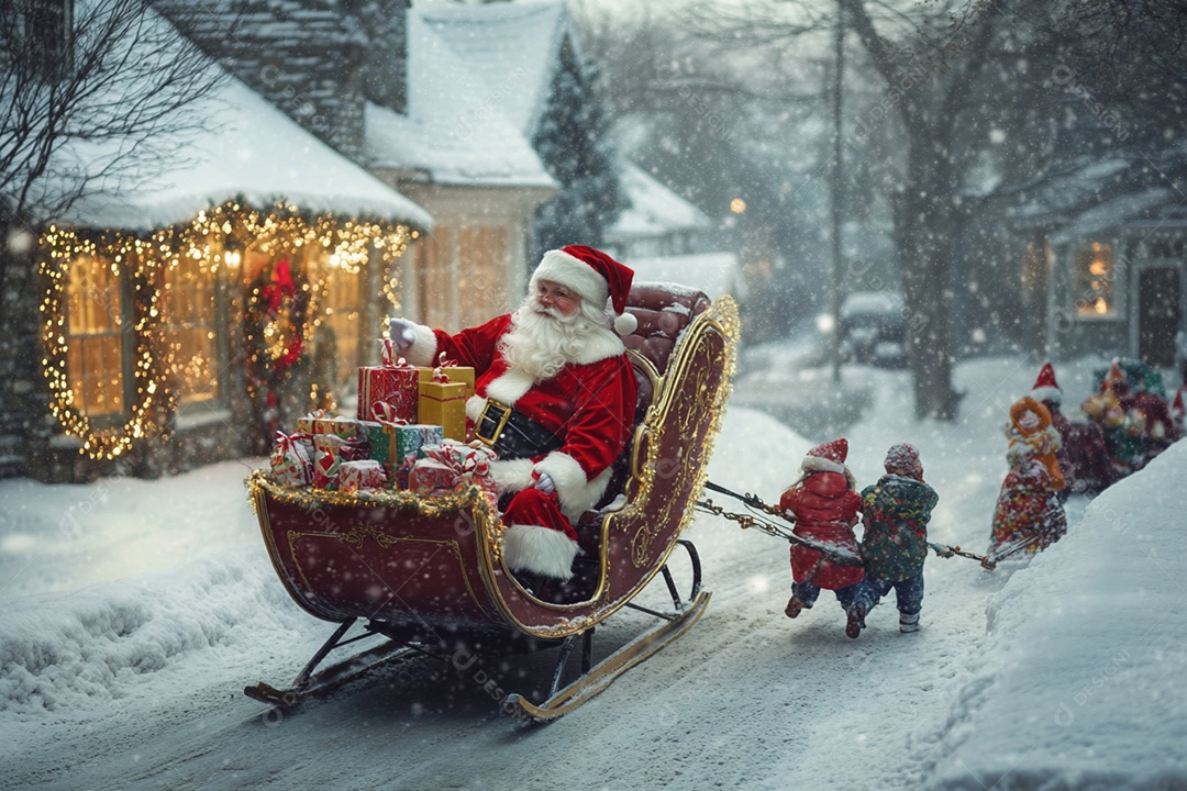 Trenó com papai noel e muitos presentes